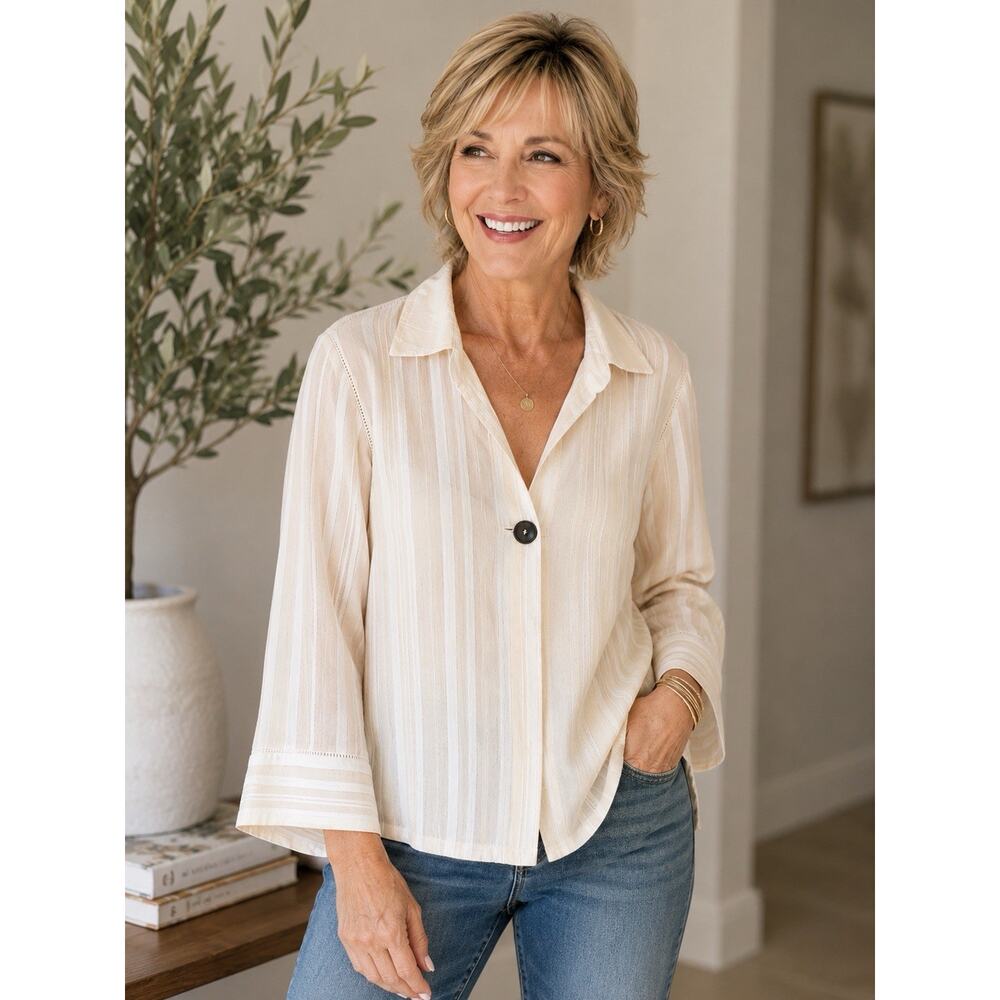 Soft Surroundings Women’s Cream Striped Blouse Size Small Quiet Luxury Flowy